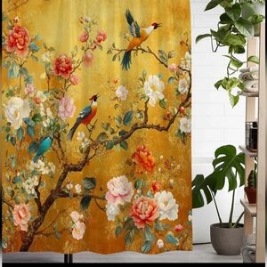 Floral & Bird Pattern Water Resistant Shower Curtain. NIP